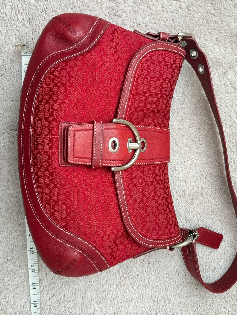 Coach Rare Soho Signature Buckle Flap Shoulder Bag Red Jacquard Leather Trim Y2K - Picture 12 of 12